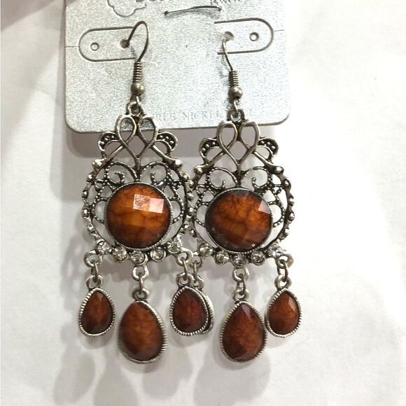 Rainbow Jewelry Brown Beveled Rhinestones Teardrop Chandelier Earrings (a)180 - Picture 2 of 7